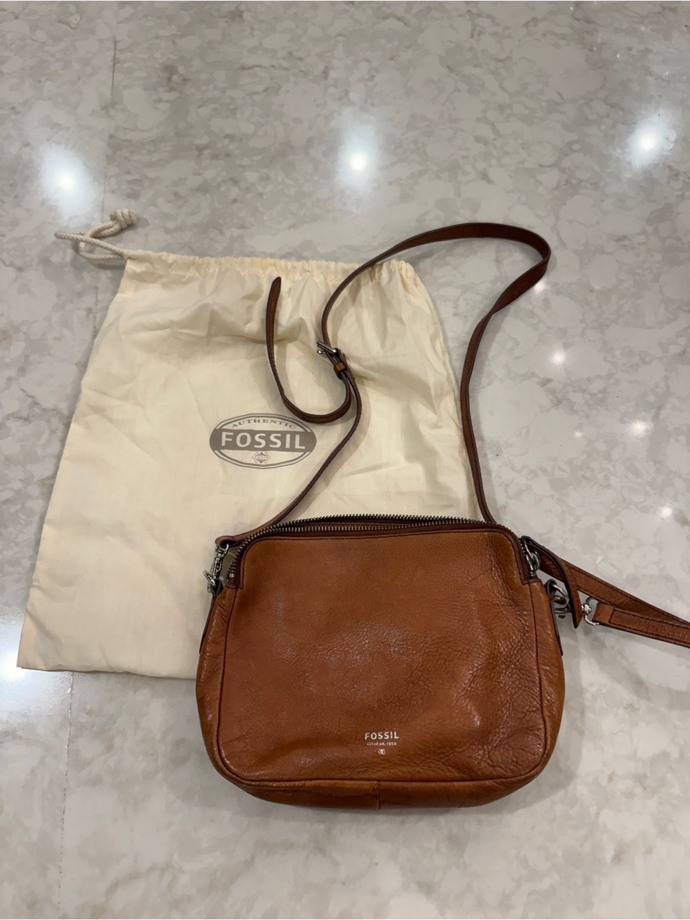 Fossil Tan Leather Pebbled Crossbody Bag
